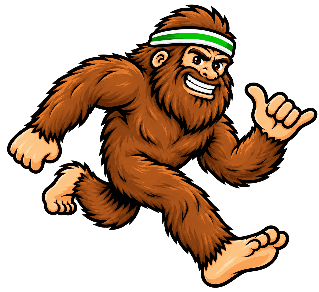 Bigfoot running with a shaka