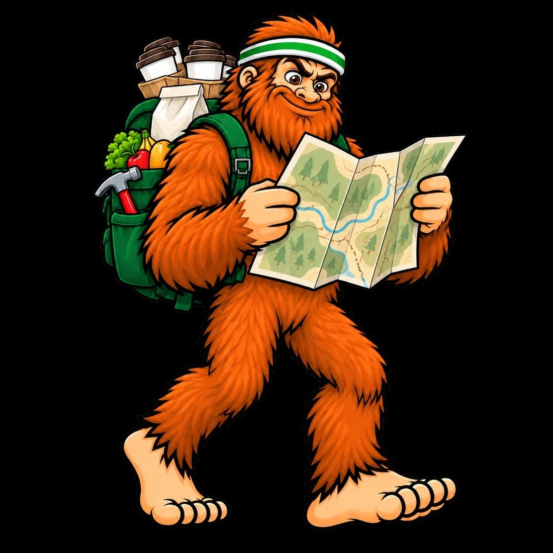 Bigfoot consulting a folded field guide with coffee, takeout, groceries, and tools packed for the next run