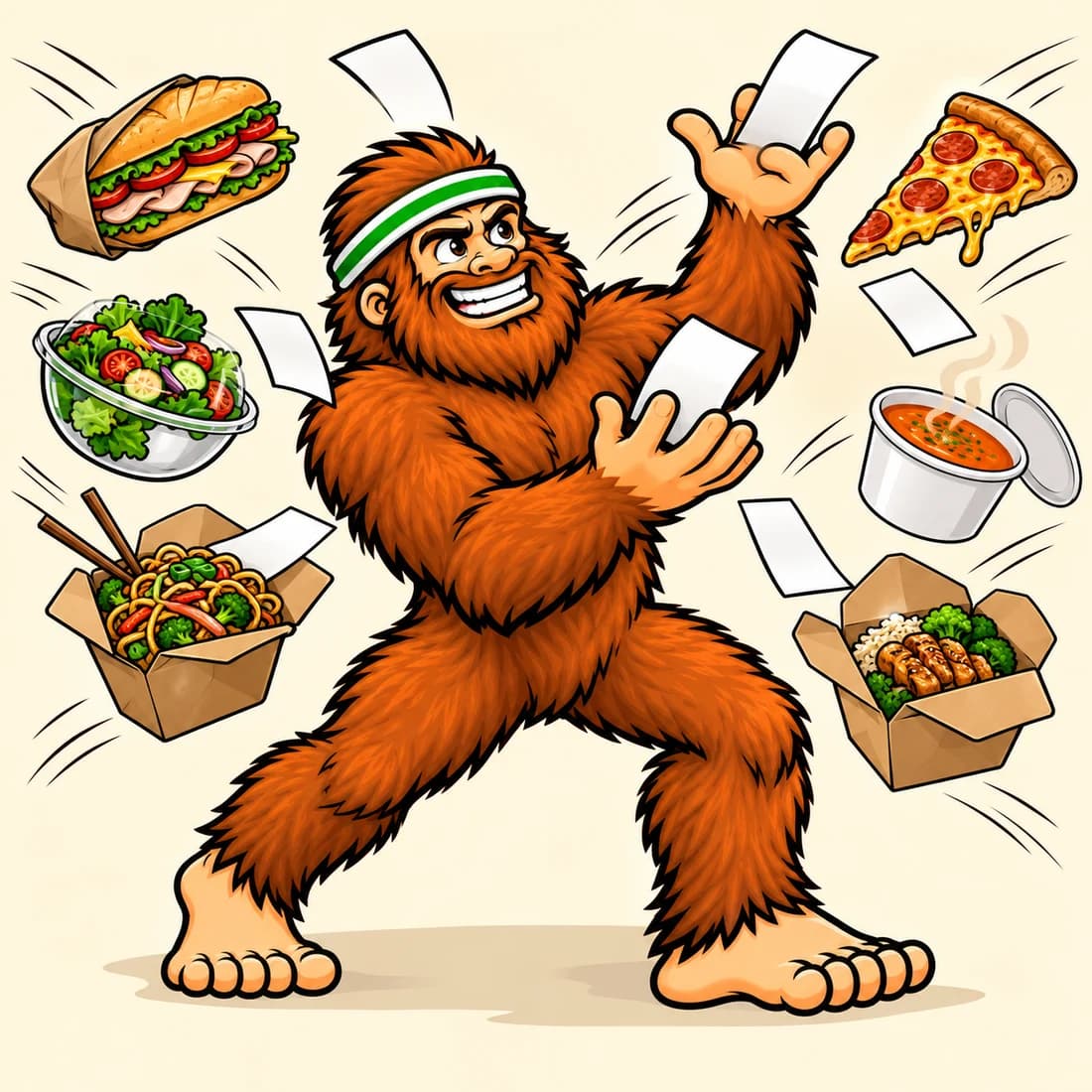 Bigfoot catching blank order cards among many different takeout meals