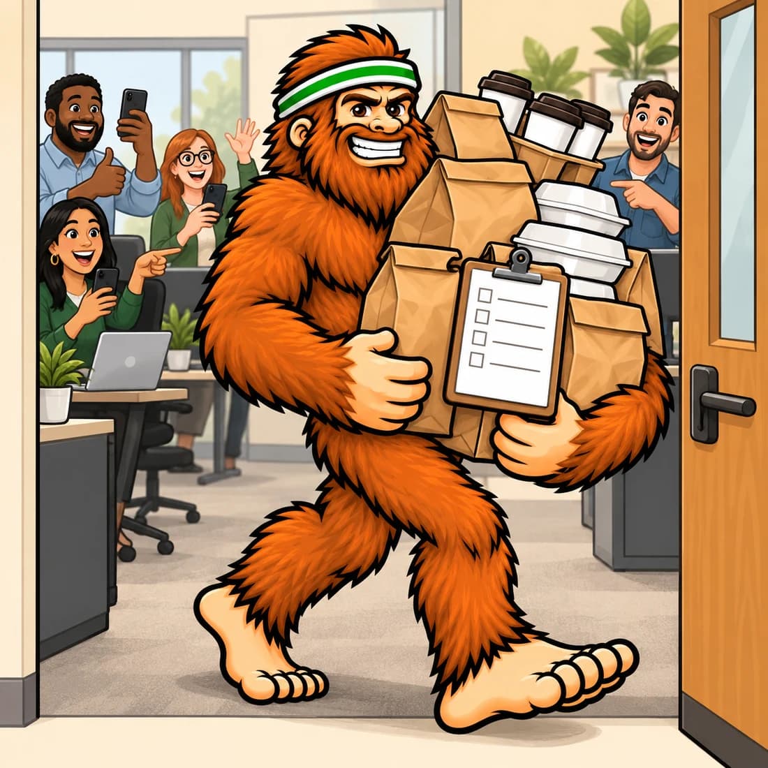 Bigfoot entering an office with lunch bags and one clean checklist