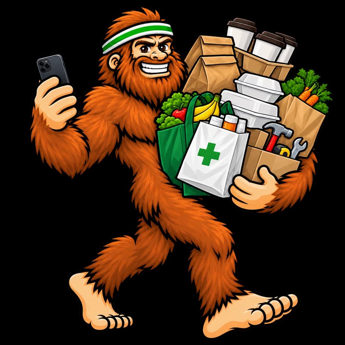 Bigfoot carrying a ridiculous mix of group orders