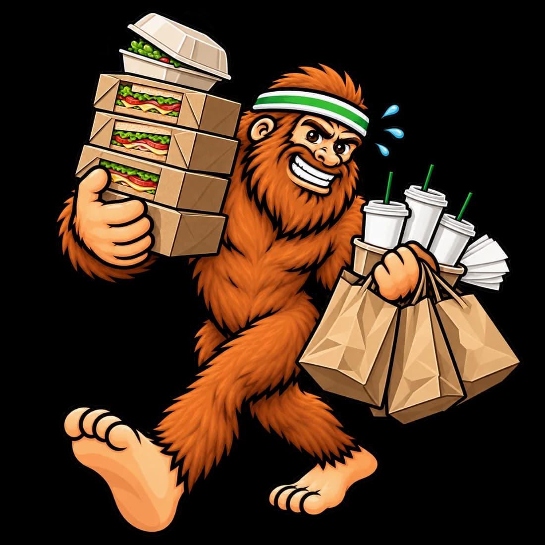 Bigfoot hurrying with sandwich boxes, lunch bags, drinks, and napkins balanced in both hands