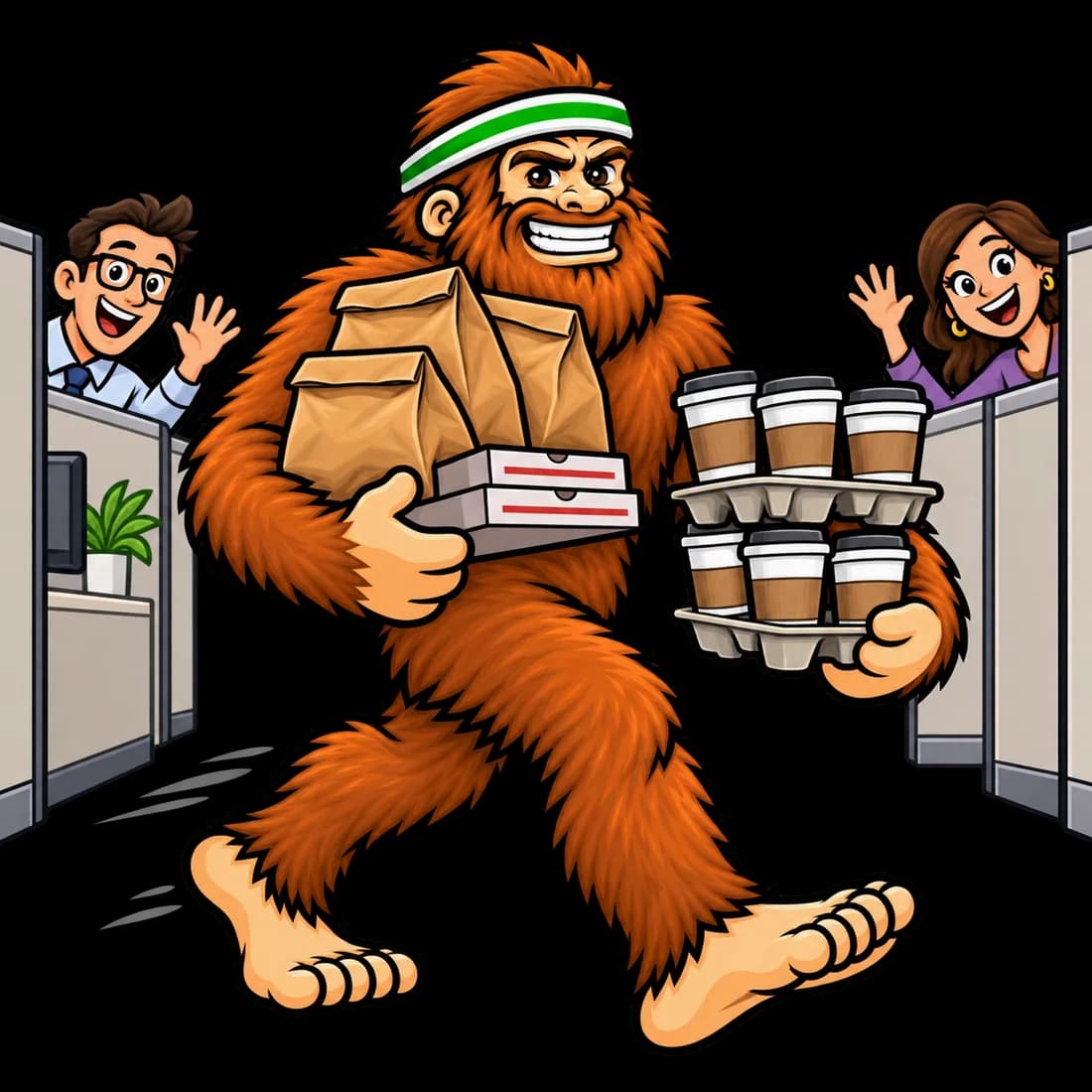 Bigfoot walking through an office with takeout bags