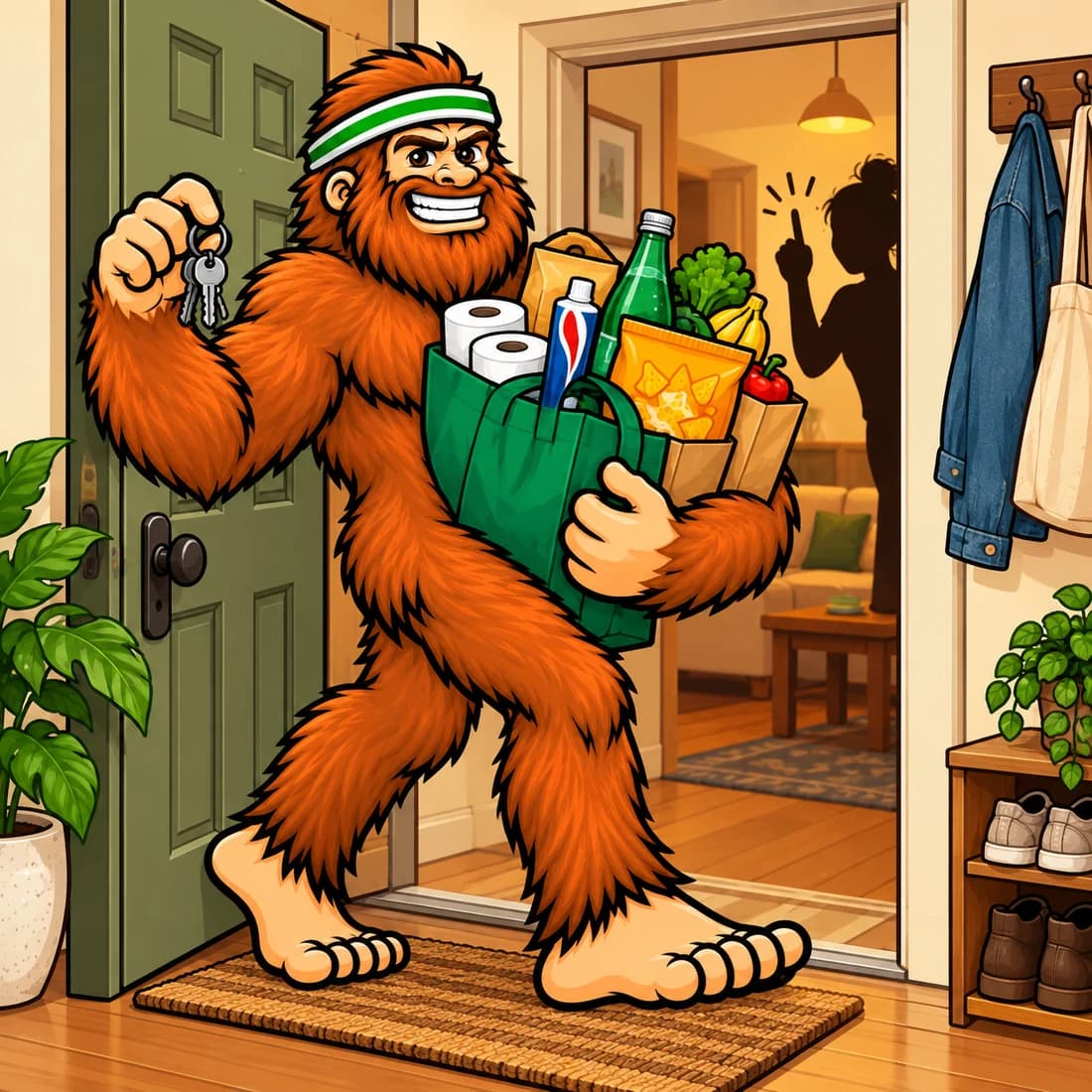 Bigfoot leaving an apartment with bags while a roommate remembers one more item