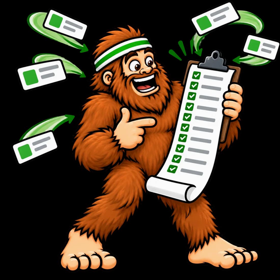 Bigfoot holding an absurdly long shared checklist