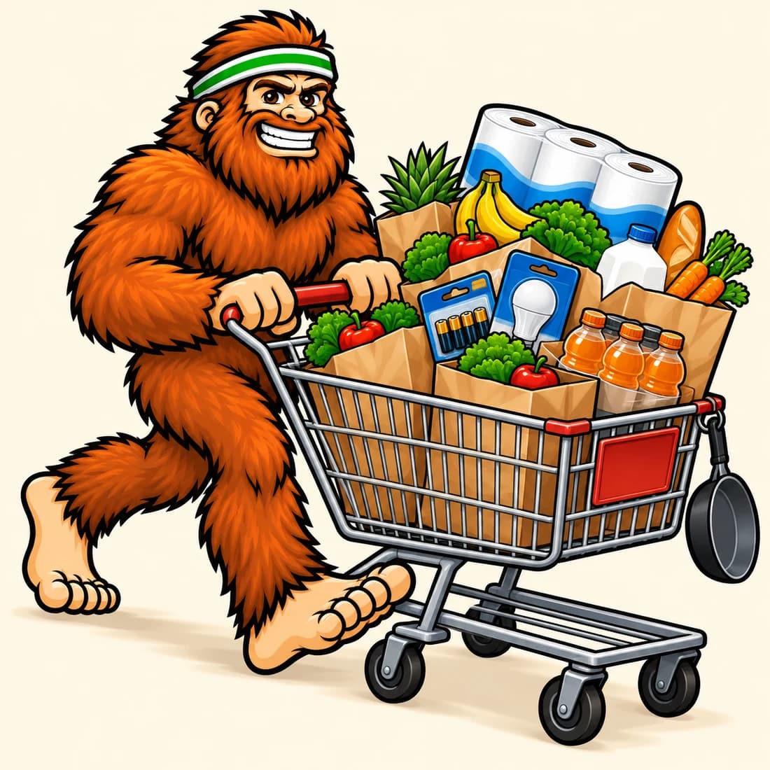 Bigfoot pushing an overloaded shopping cart full of unrelated store-run items