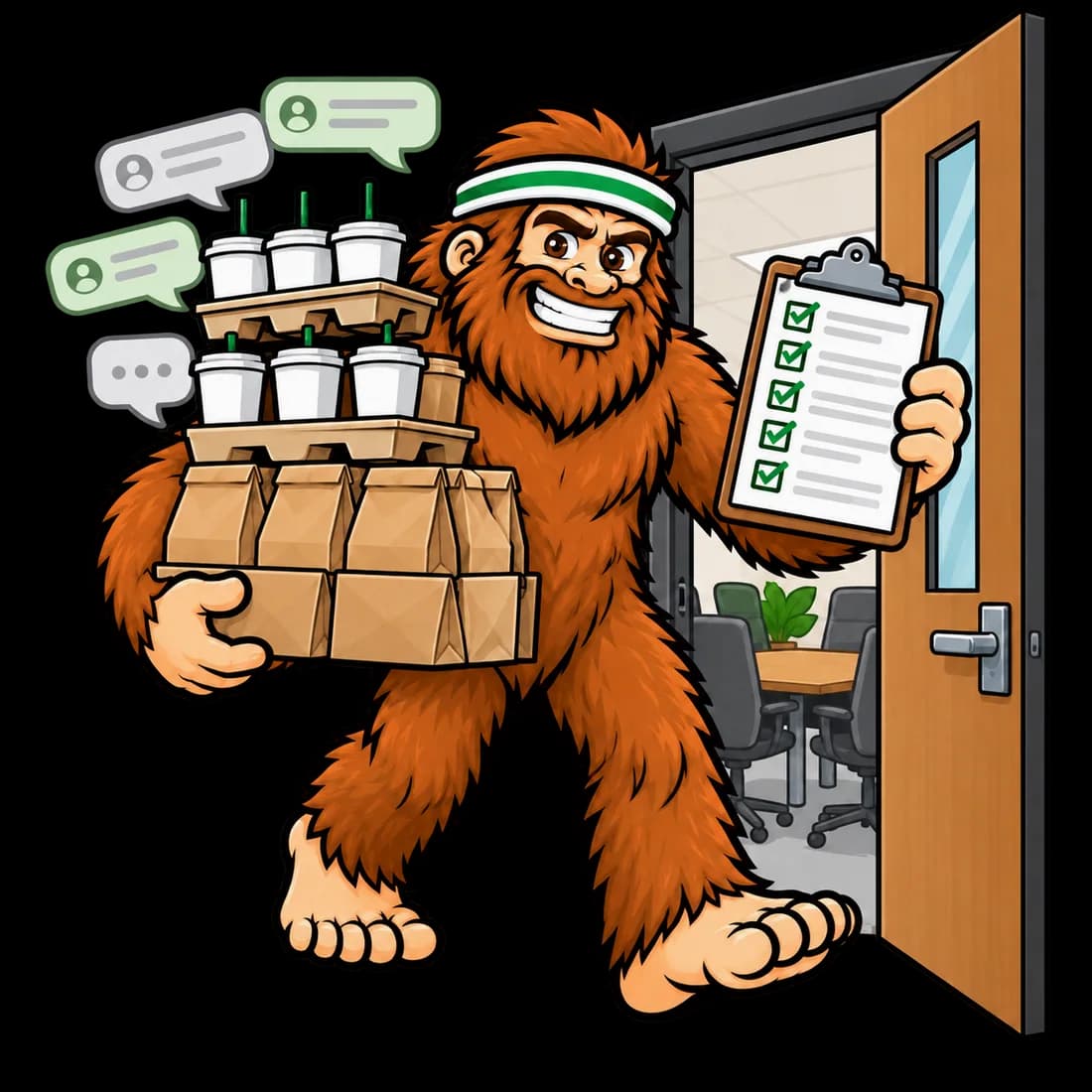 Bigfoot carrying lunch into a conference room